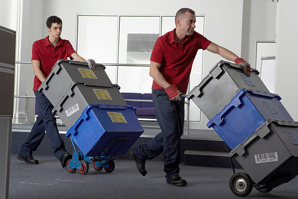 Two Young Male office Movers are moving the packed things