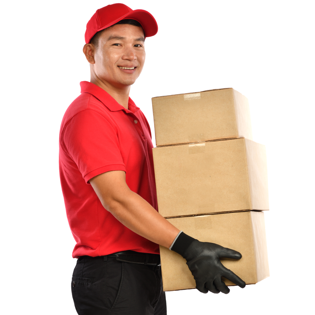 shipper taking three cardboard boxes in his hands